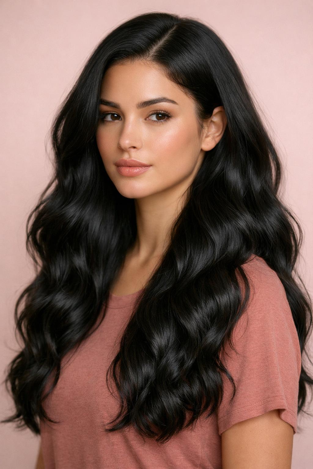 Model met een lange body wave lace-front pruik in natuurzwart